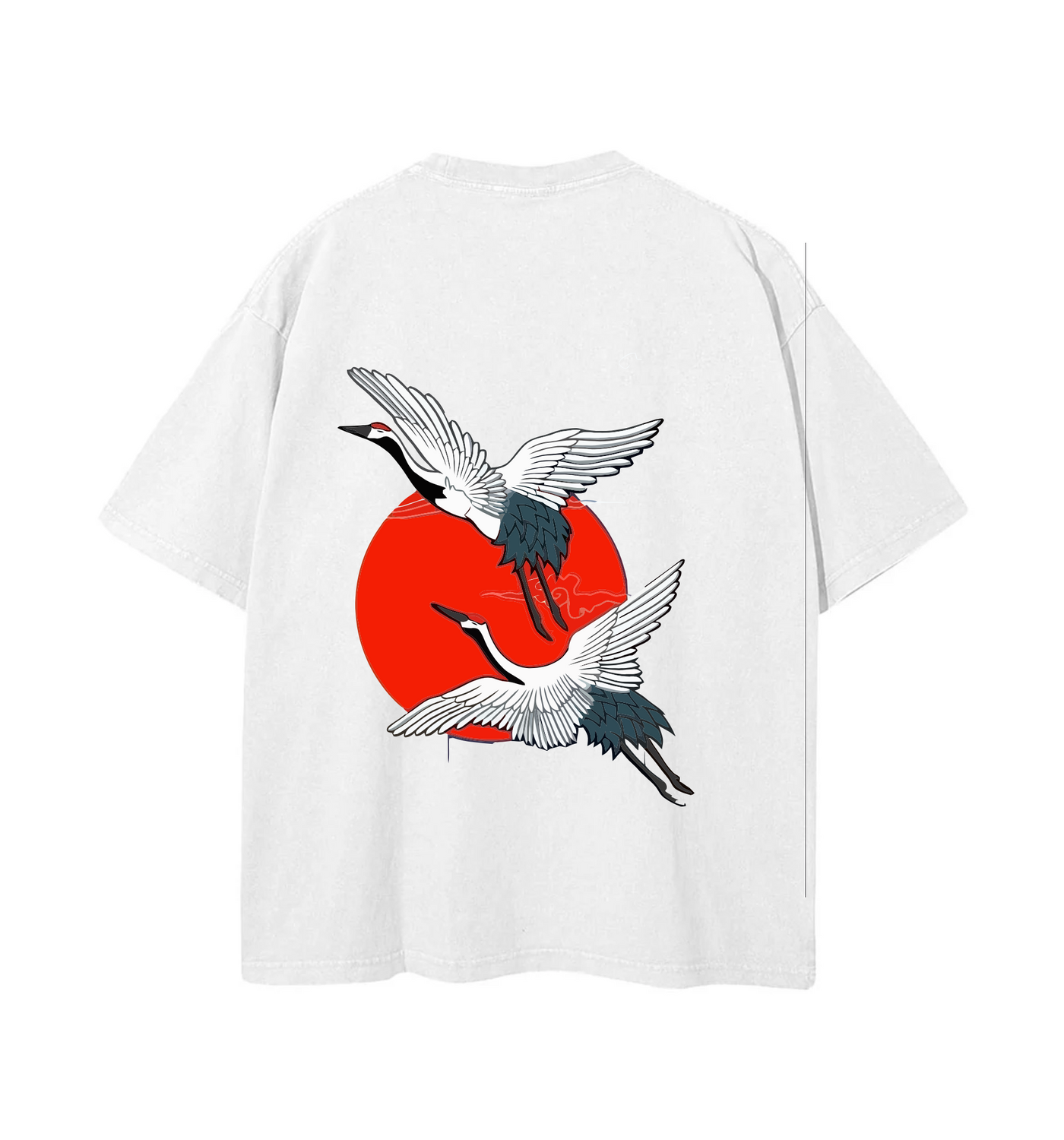 Playera japonesa con grullas y sol rojo – Estética minimalista oriental