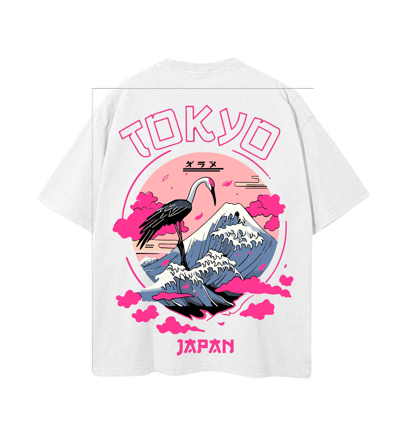 Playera Tokyo Japan con montaña y grulla – Diseño japonés moderno rosa