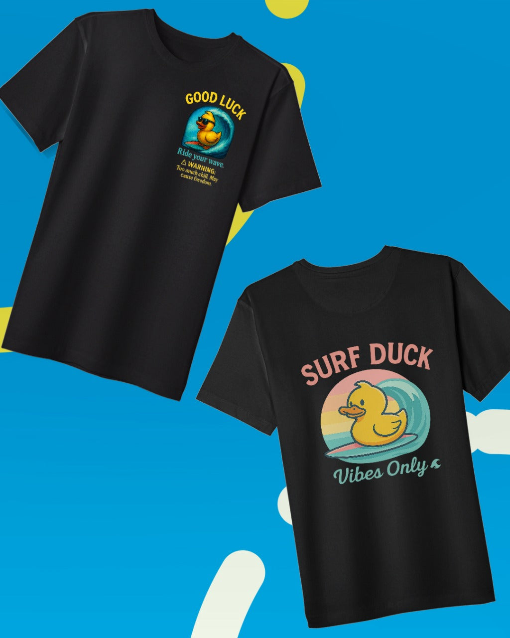 Playera con pato surfista y texto "Vibes only"
