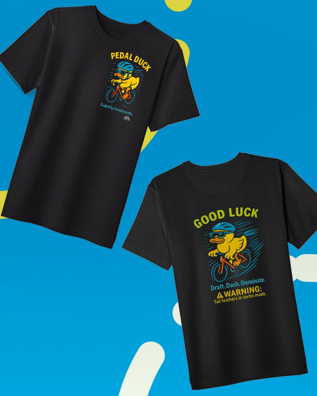 Playera con pato ciclista y texto "Fueled by bread crumbs"