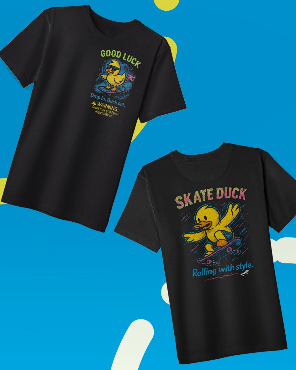 Playera con pato en patineta y texto "Rolling with style"