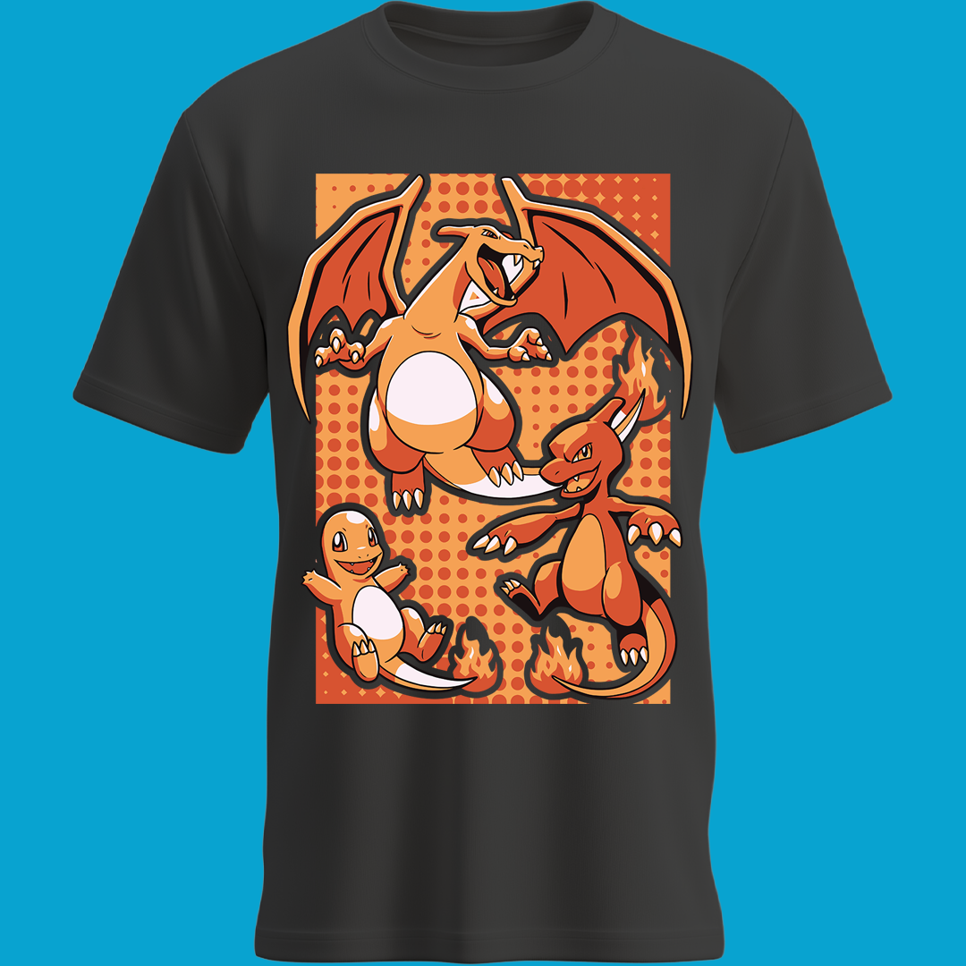 Playera Evolución Charmander – Charizard, Charmeleon y Charmander