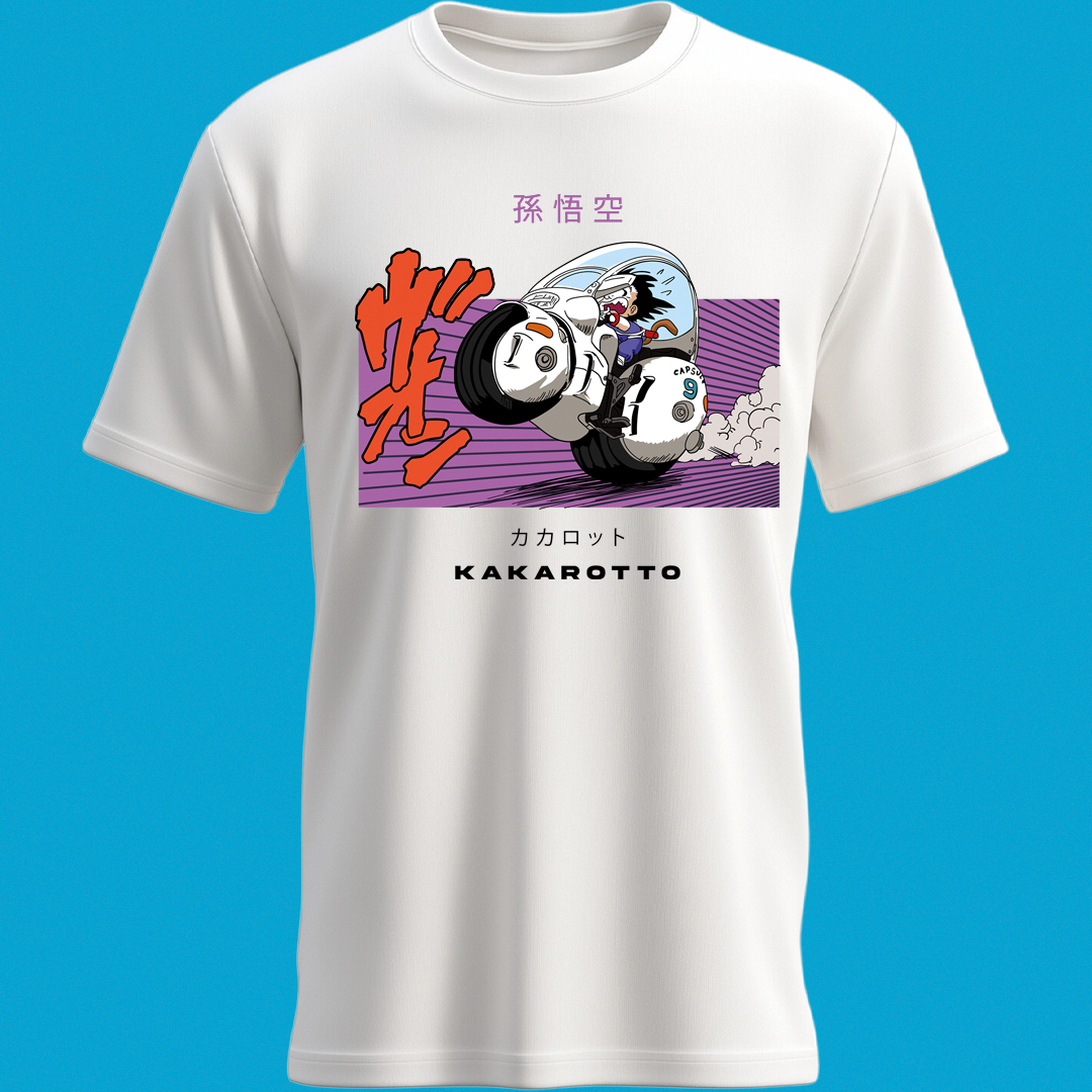 Goku en moto cápsula – Estilo retro "Kakarotto"